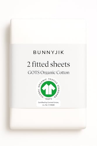 GOTS Organic SnuzPod 3 & 5 Compatible Baby Crib Sheets – (NOT-SUITABLE For SNUZPOD 4) 200gsm Soft Combed Organic Cotton, GOTS Certified – 2 Pack Fitted Sheets 44 x 80 cm