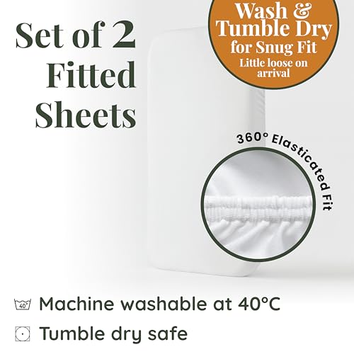 GOTS Organic SnuzPod 3 & 5 Compatible Baby Crib Sheets – (NOT-SUITABLE For SNUZPOD 4) 200gsm Soft Combed Organic Cotton, GOTS Certified – 2 Pack Fitted Sheets 44 x 80 cm