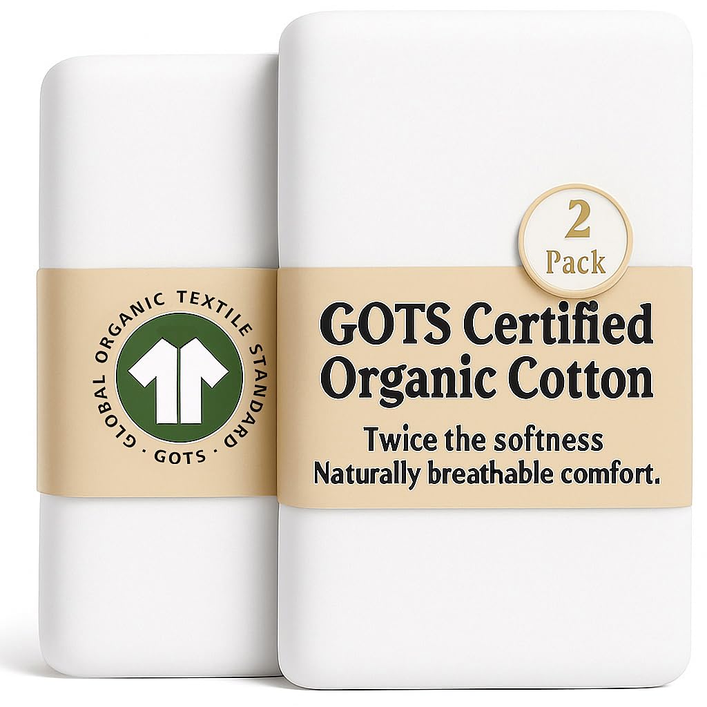 GOTS Organic SnuzPod 3 & 5 Compatible Baby Crib Sheets – (NOT-SUITABLE For SNUZPOD 4) 200gsm Soft Combed Organic Cotton, GOTS Certified – 2 Pack Fitted Sheets 44 x 80 cm