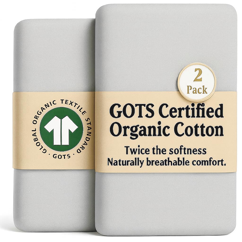 GOTS Organic SnuzPod 3 & 5 Compatible Baby Crib Sheets – (NOT-SUITABLE For SNUZPOD 4) 200gsm Soft Combed Organic Cotton, GOTS Certified – 2 Pack Fitted Sheets 44 x 80 cm