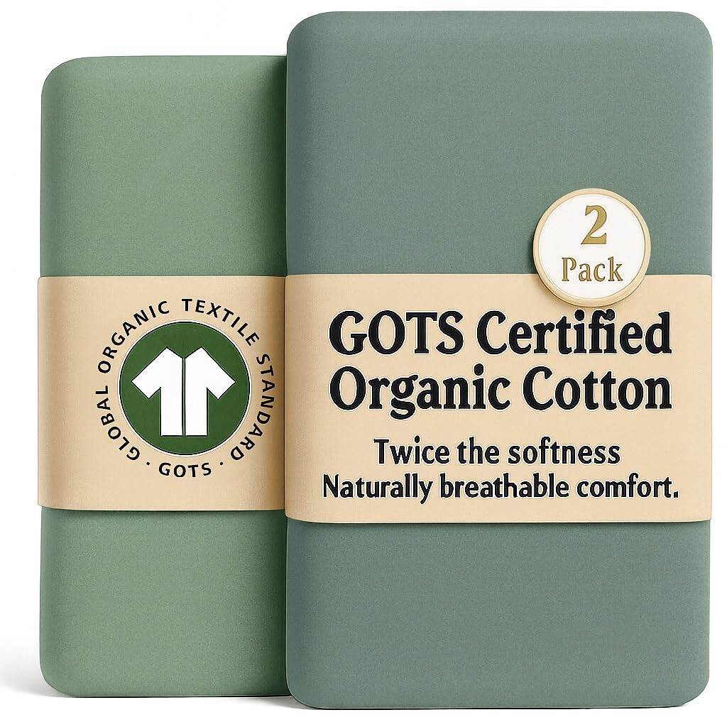 GOTS Organic SnuzPod 3 & 5 Compatible Baby Crib Sheets – (NOT-SUITABLE For SNUZPOD 4) 200gsm Soft Combed Organic Cotton, GOTS Certified – 2 Pack Fitted Sheets 44 x 80 cm