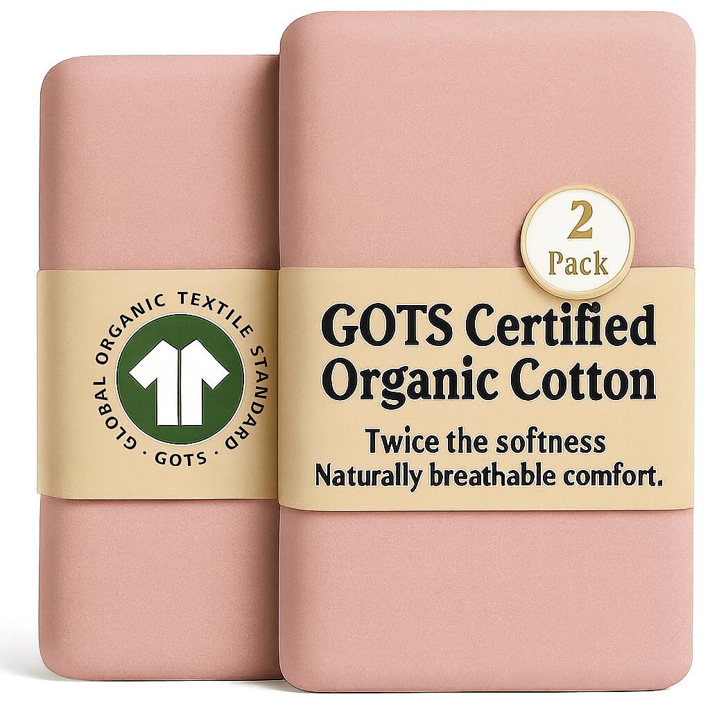 GOTS Organic SnuzPod 3 & 5 Compatible Baby Crib Sheets – (NOT-SUITABLE For SNUZPOD 4) 200gsm Soft Combed Organic Cotton, GOTS Certified – 2 Pack Fitted Sheets 44 x 80 cm