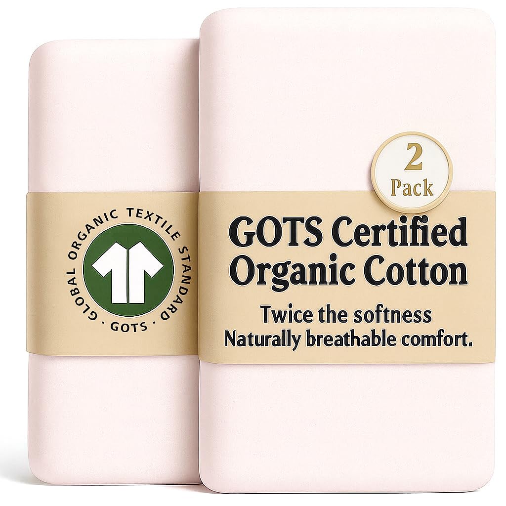 GOTS Organic SnuzPod 3 & 5 Compatible Baby Crib Sheets – (NOT-SUITABLE For SNUZPOD 4) 200gsm Soft Combed Organic Cotton, GOTS Certified – 2 Pack Fitted Sheets 44 x 80 cm