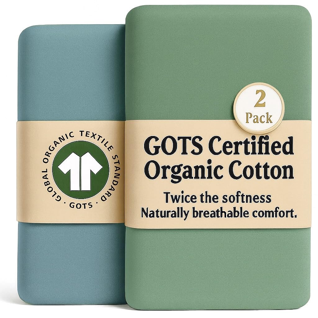 GOTS Organic SnuzPod 3 & 5 Compatible Baby Crib Sheets – (NOT-SUITABLE For SNUZPOD 4) 200gsm Soft Combed Organic Cotton, GOTS Certified – 2 Pack Fitted Sheets 44 x 80 cm