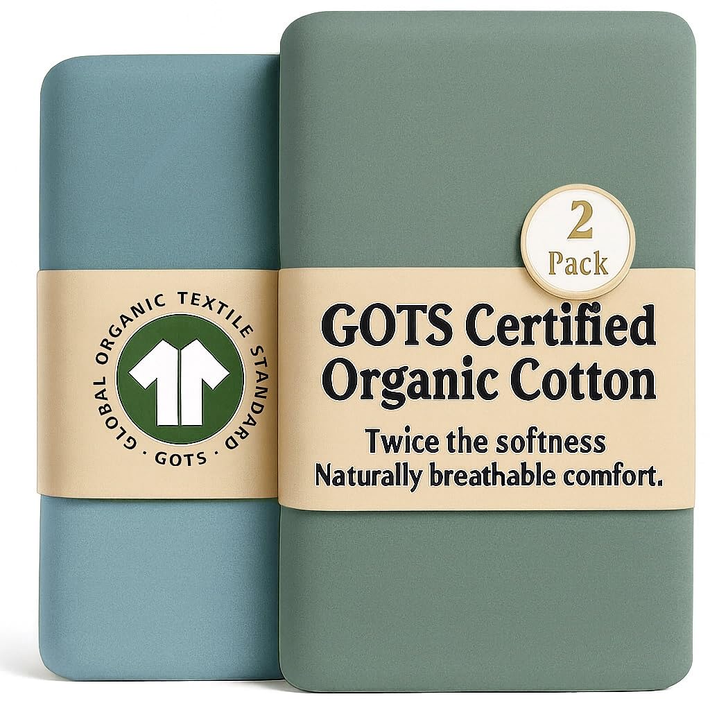 GOTS Organic SnuzPod 3 & 5 Compatible Baby Crib Sheets – (NOT-SUITABLE For SNUZPOD 4) 200gsm Soft Combed Organic Cotton, GOTS Certified – 2 Pack Fitted Sheets 44 x 80 cm