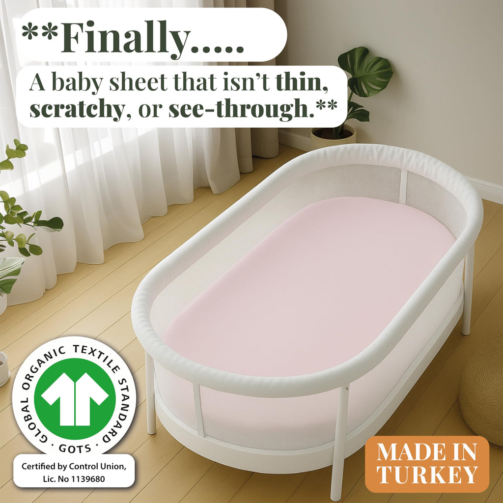 GOTS Organic SnuzPod 3 & 5 Compatible Baby Crib Sheets – (NOT-SUITABLE For SNUZPOD 4) 200gsm Soft Combed Organic Cotton, GOTS Certified – 2 Pack Fitted Sheets 44 x 80 cm