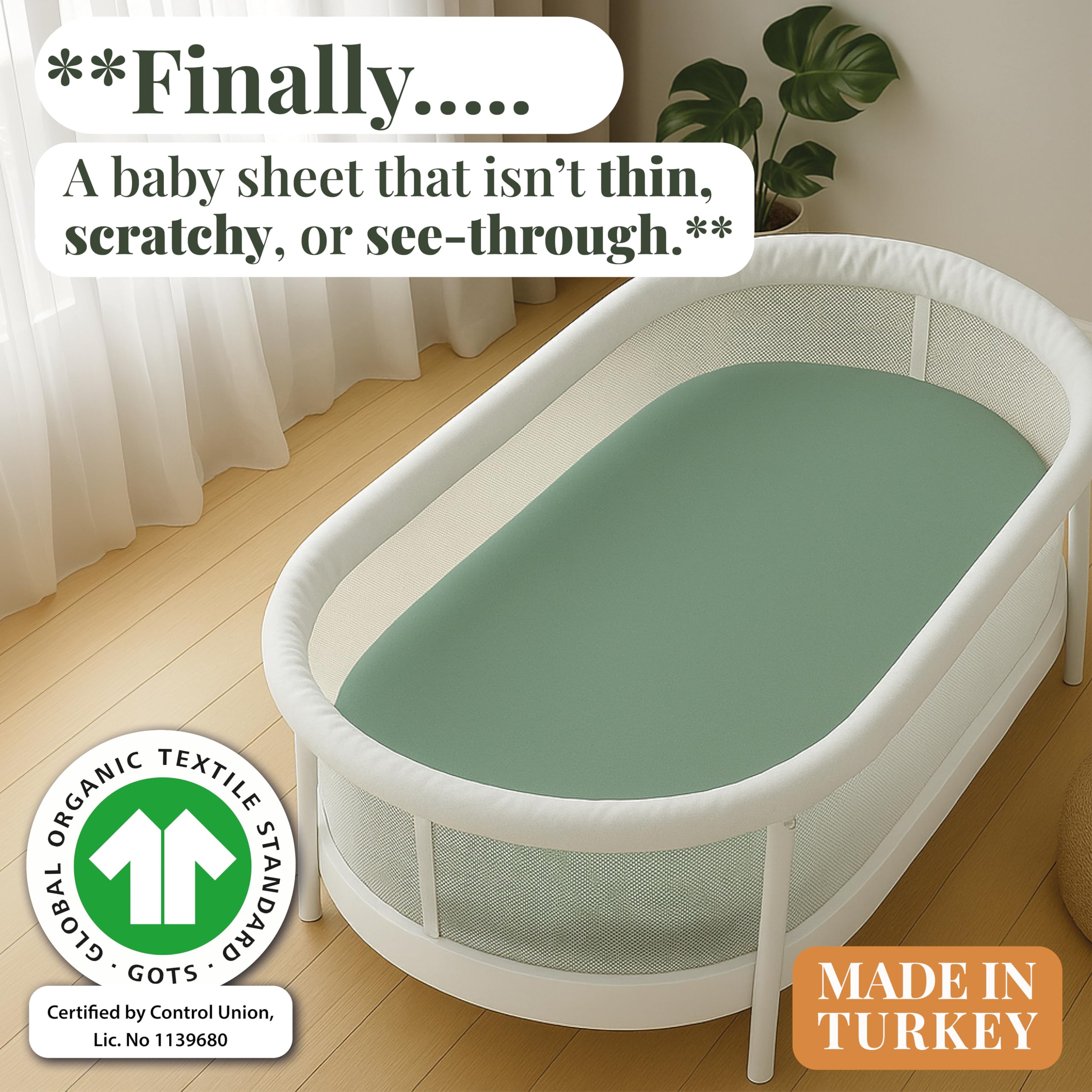 GOTS Organic SnuzPod 3 & 5 Compatible Baby Crib Sheets – (NOT-SUITABLE For SNUZPOD 4) 200gsm Soft Combed Organic Cotton, GOTS Certified – 2 Pack Fitted Sheets 44 x 80 cm