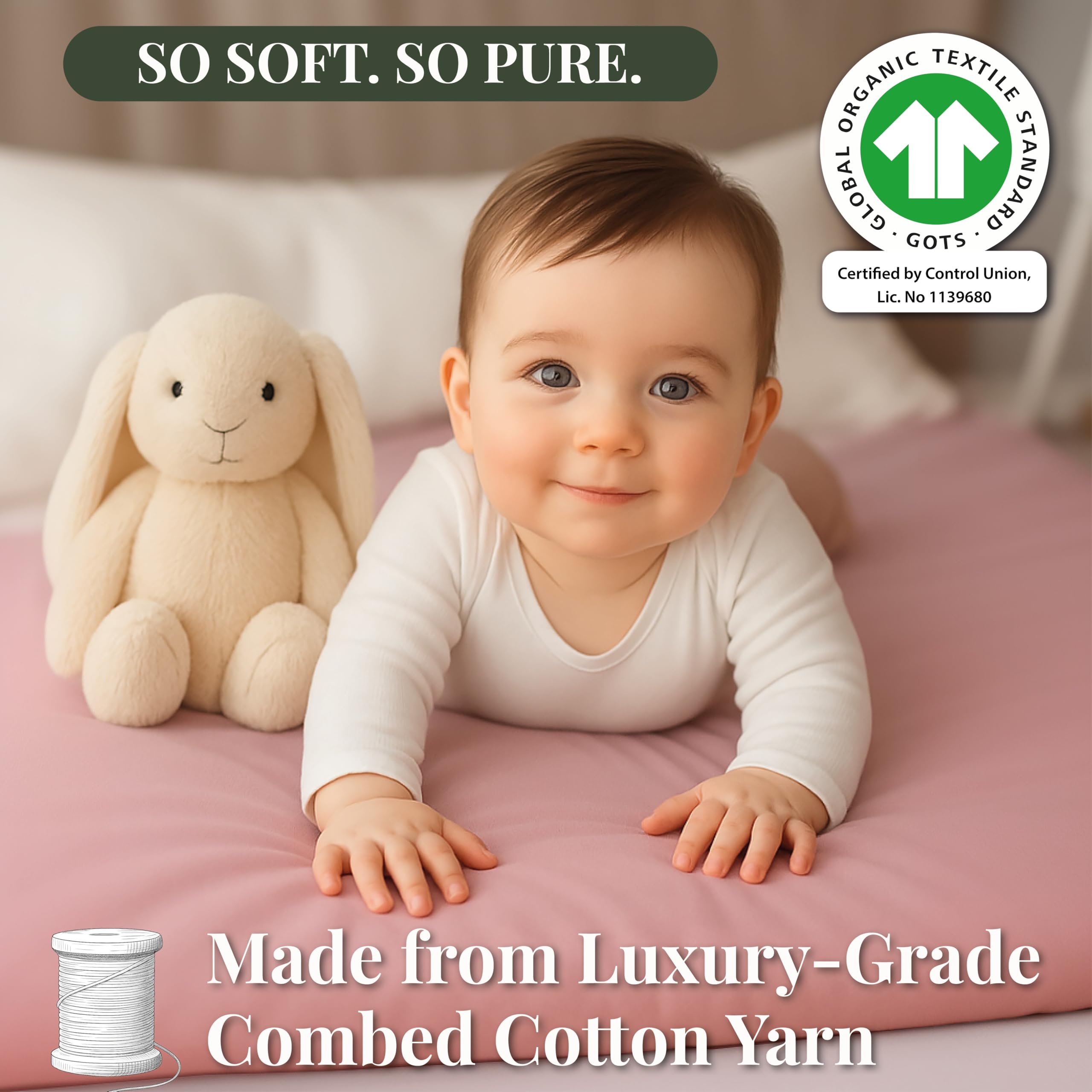 GOTS Organic SnuzPod 3 & 5 Compatible Baby Crib Sheets – (NOT-SUITABLE For SNUZPOD 4) 200gsm Soft Combed Organic Cotton, GOTS Certified – 2 Pack Fitted Sheets 44 x 80 cm