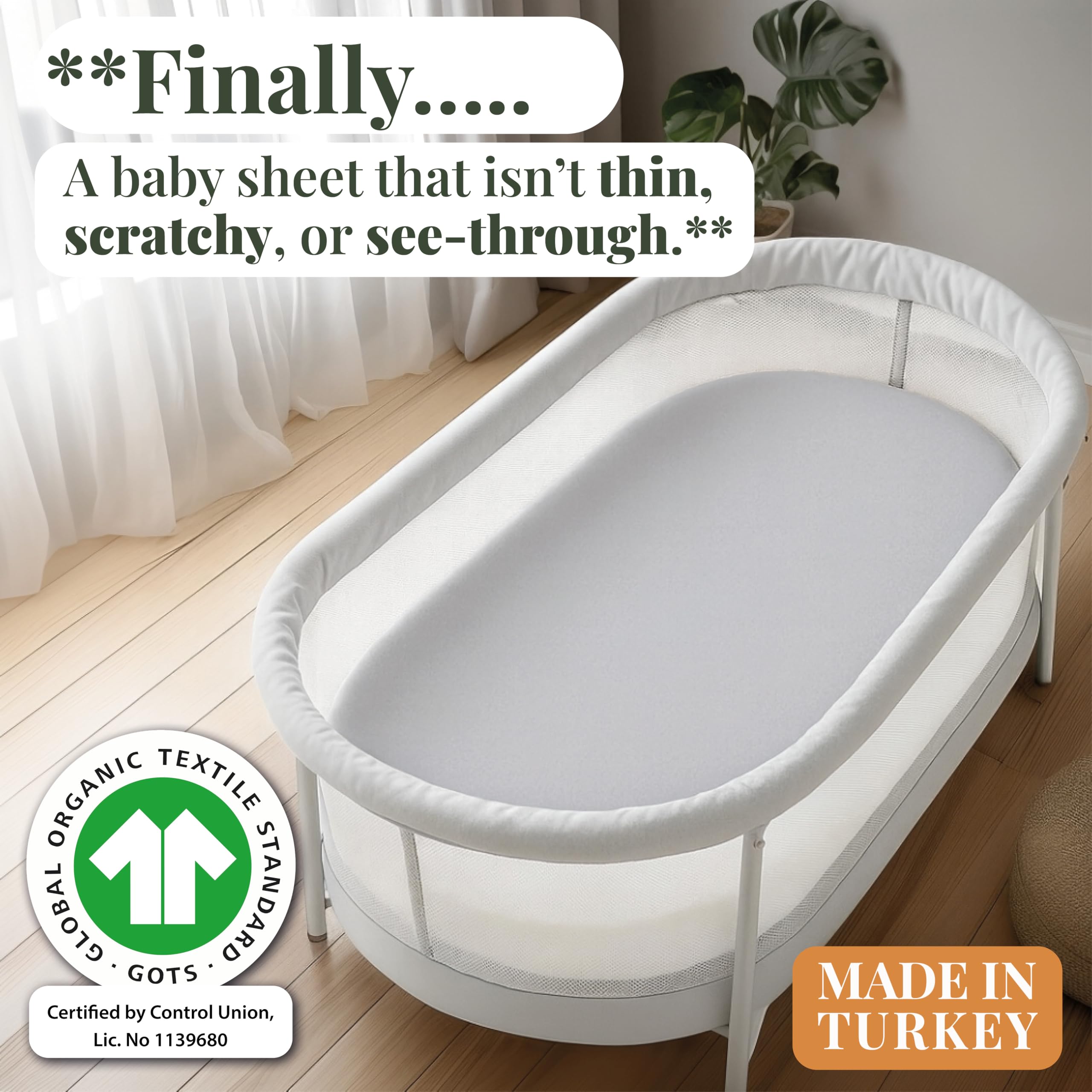 GOTS Organic SnuzPod 3 & 5 Compatible Baby Crib Sheets – (NOT-SUITABLE For SNUZPOD 4) 200gsm Soft Combed Organic Cotton, GOTS Certified – 2 Pack Fitted Sheets 44 x 80 cm