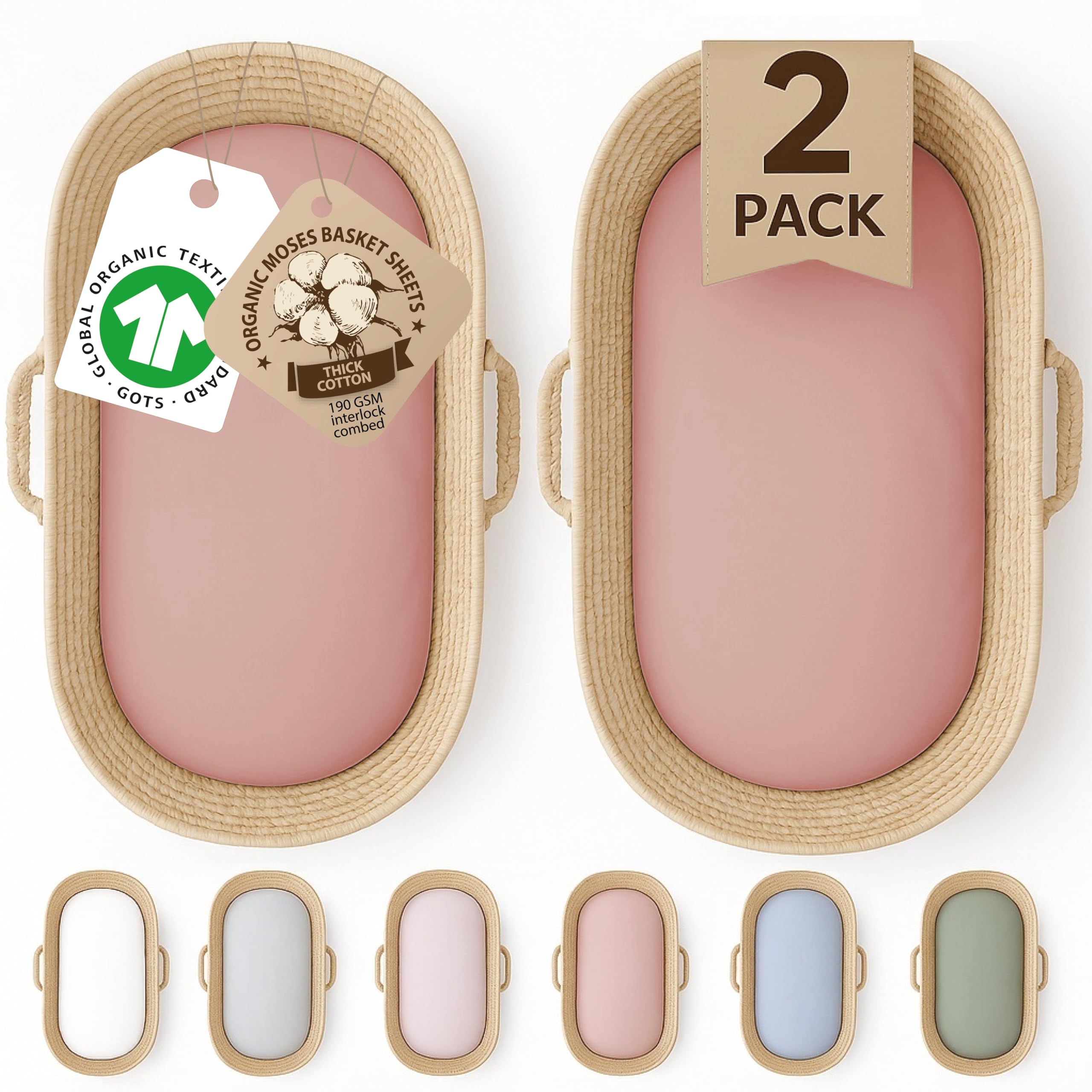 GOTS Organic SnuzPod 3 & 5 Compatible Baby Crib Sheets – (NOT-SUITABLE For SNUZPOD 4) 200gsm Soft Combed Organic Cotton, GOTS Certified – 2 Pack Fitted Sheets 44 x 80 cm