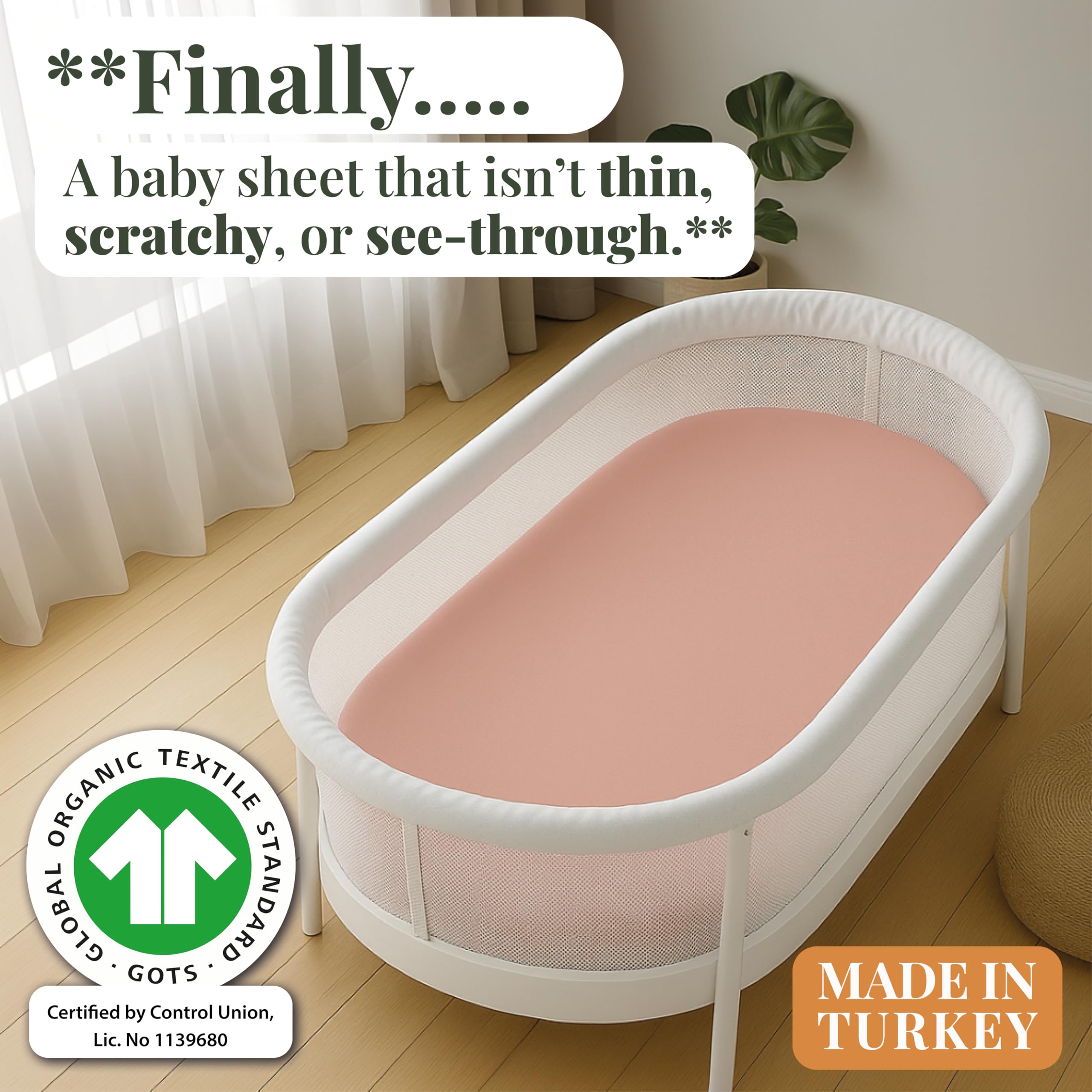 GOTS Organic SnuzPod 3 & 5 Compatible Baby Crib Sheets – (NOT-SUITABLE For SNUZPOD 4) 200gsm Soft Combed Organic Cotton, GOTS Certified – 2 Pack Fitted Sheets 44 x 80 cm