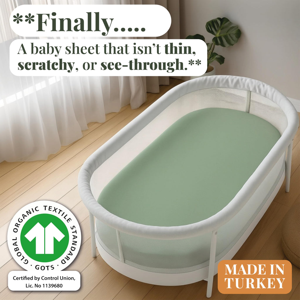 GOTS Organic SnuzPod 3 & 5 Compatible Baby Crib Sheets – (NOT-SUITABLE For SNUZPOD 4) 200gsm Soft Combed Organic Cotton, GOTS Certified – 2 Pack Fitted Sheets 44 x 80 cm