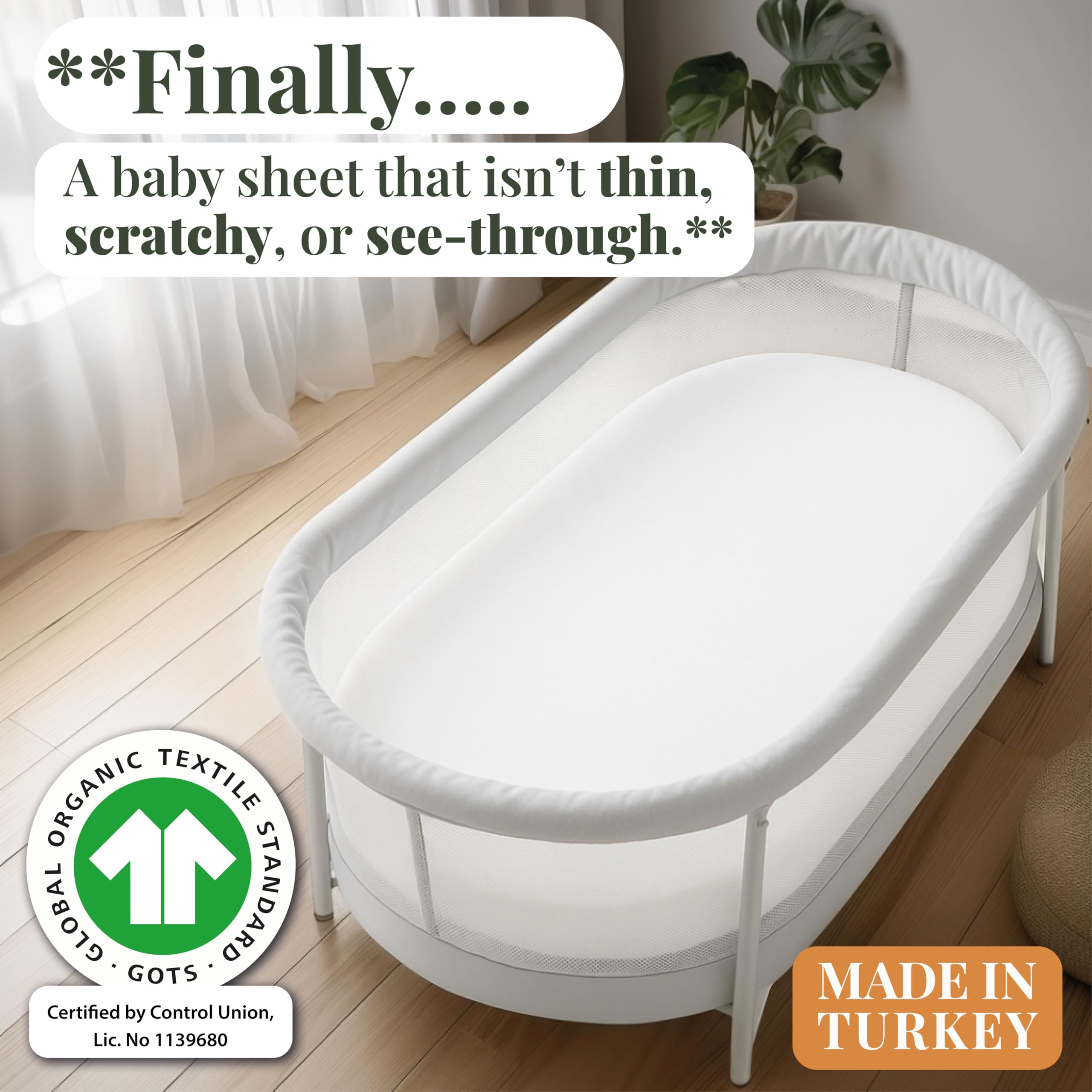 GOTS Organic SnuzPod 3 & 5 Compatible Baby Crib Sheets – (NOT-SUITABLE For SNUZPOD 4) 200gsm Soft Combed Organic Cotton, GOTS Certified – 2 Pack Fitted Sheets 44 x 80 cm